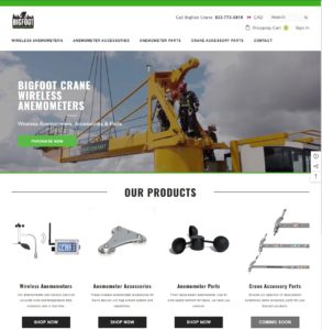 Screen shot of shop.bigfootcrane.com an innoovative e-commerce site which sells wireless anemometers, accessories and parts.